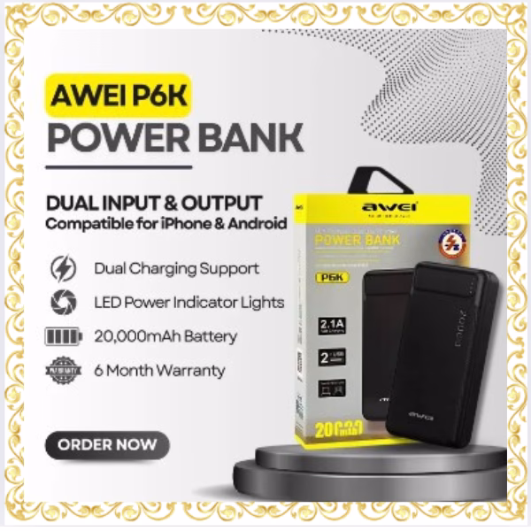 Awei P6K 20000mAh Dual USB Port Output PD 15W Fast Charging Power Bank